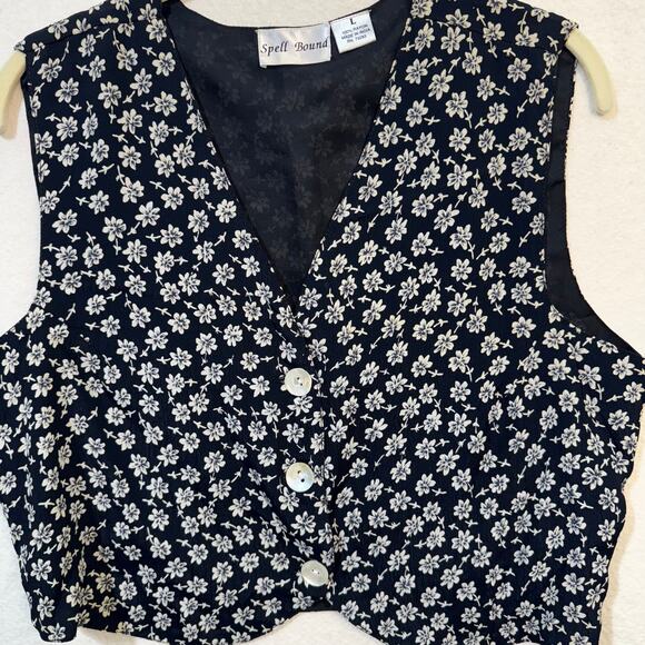 Spellbound Rayon Navy Blue White Floral 90's VTG Vest Button Front Size Large - Picture 4 of 5